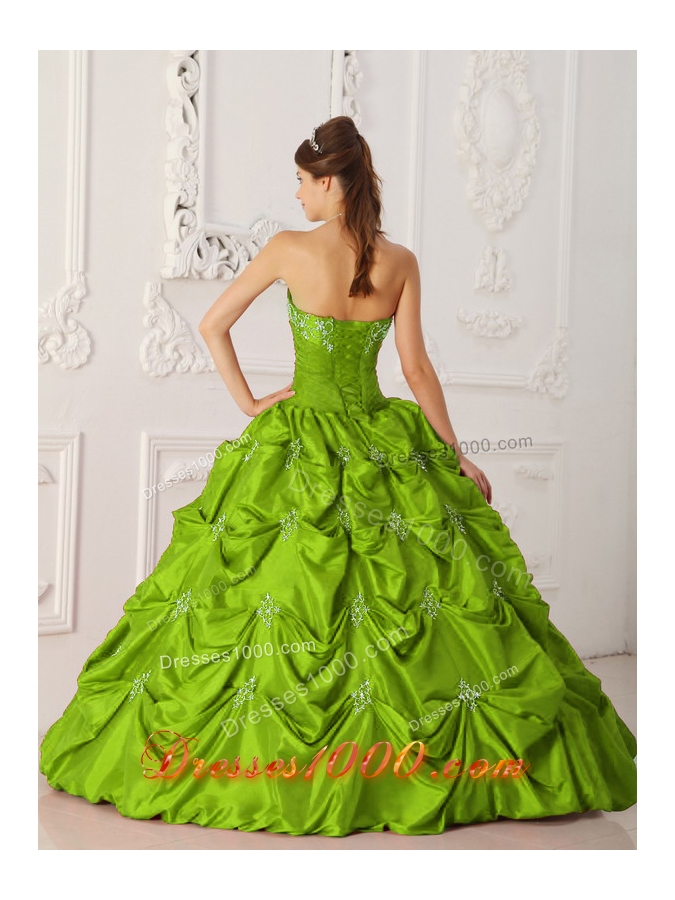2014 Affordable Olive Green Puffy Strapless with Appliques and Beading Quinceanera Dress