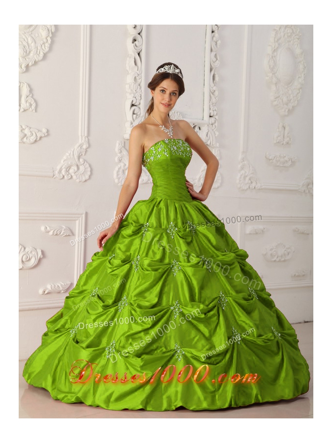 2014 Affordable Olive Green Puffy Strapless with Appliques and Beading Quinceanera Dress