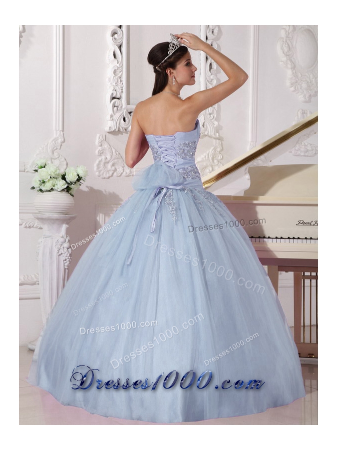2014 Brand New Light Blue Puffy Strapless Beading Quinceanera Dresses with Appliques