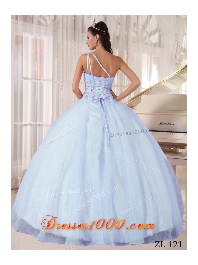 2014 Gorgeous One Shoulder Light Blue Puffy Quinceanera Dress with Beading