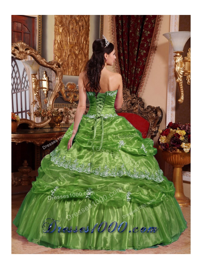 2014 Green Puffy Strapless Appliques Quinceanera Dress with Pick-ups