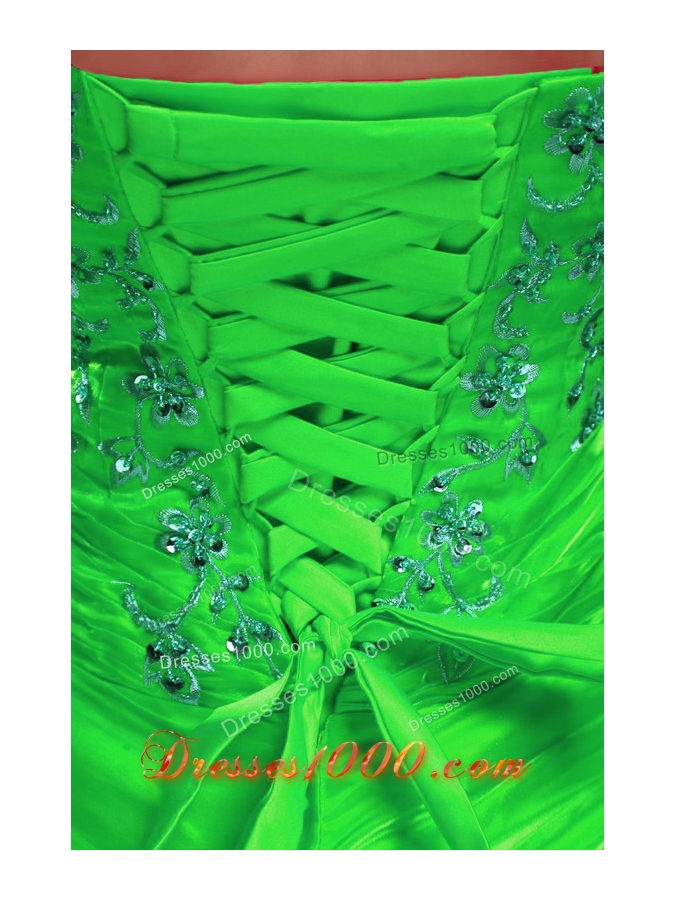 2014 Green Puffy Strapless Orangza Quinceanera Dress with Pick-ups and Applqiues