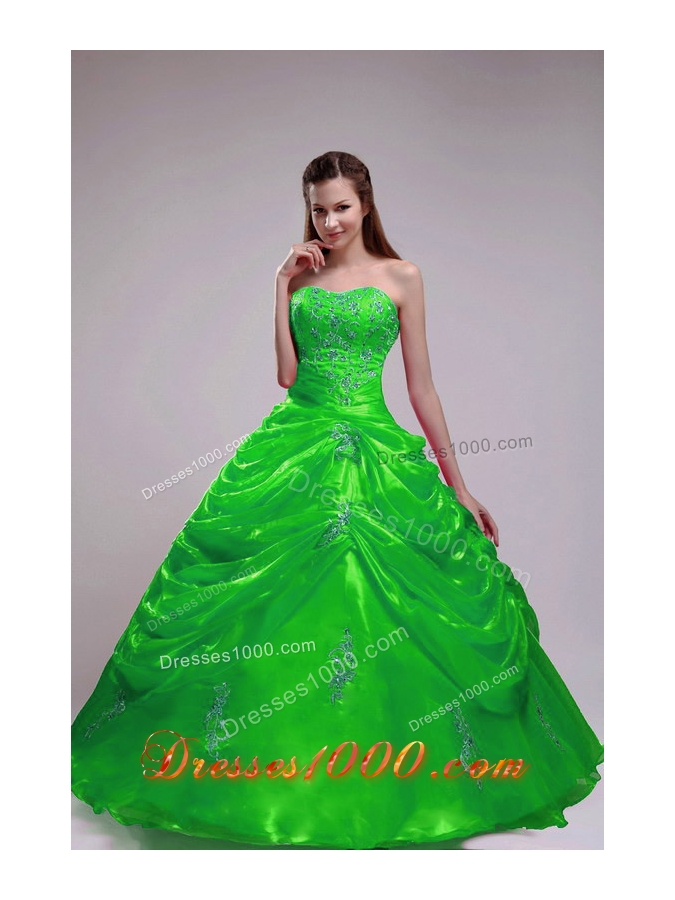 2014 Green Puffy Strapless Orangza Quinceanera Dress with Pick-ups and Applqiues
