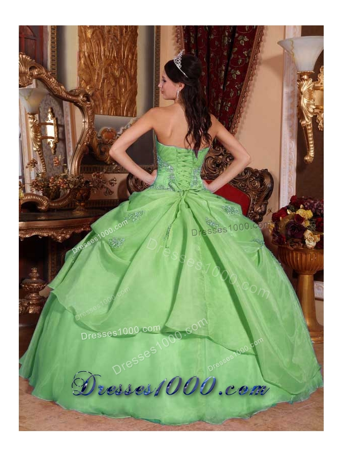 2014 Green Puffy Strapless with Appliques and Beading Quinceanera Dress
