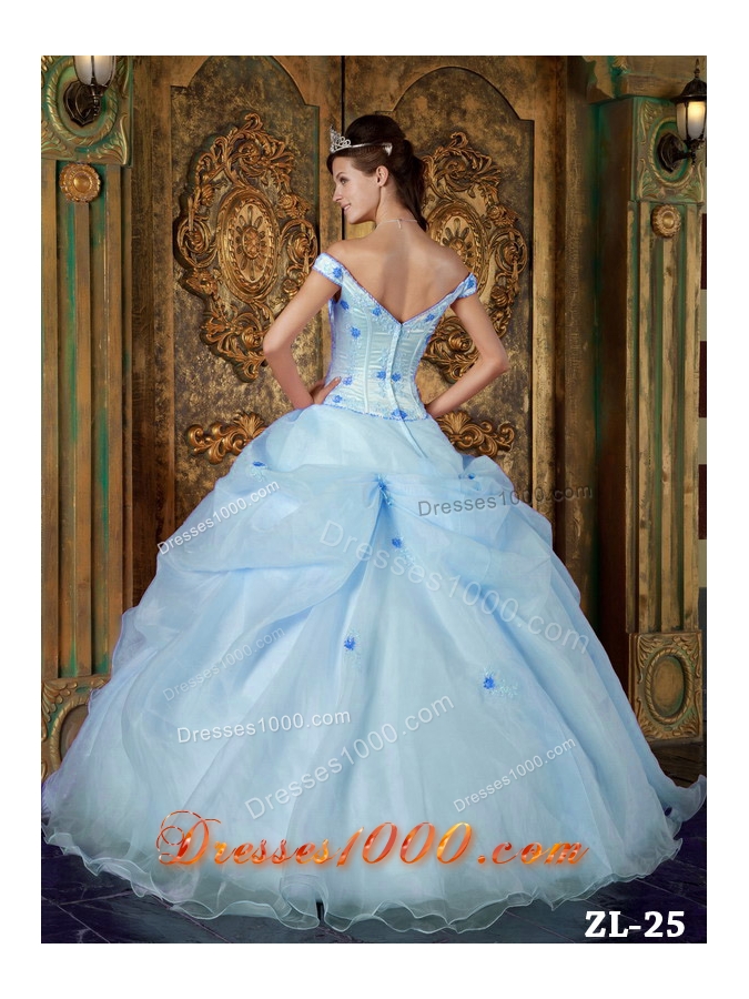 2014 Romantic Puffy Off The Shoulder Appliques Light Blue Quinceanera Dresses
