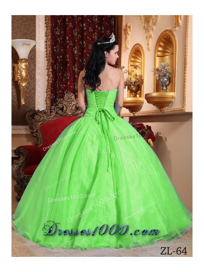 2014 Spring Green Puffy Strapless Appliques Quinceanera Dress with Beading