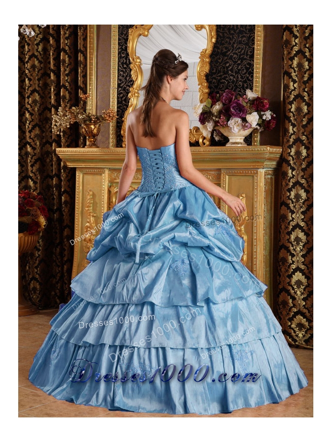 Blue Puffy Strapless Pick-ups and Ruffled Layers 2014 Quinceanera Dresses
