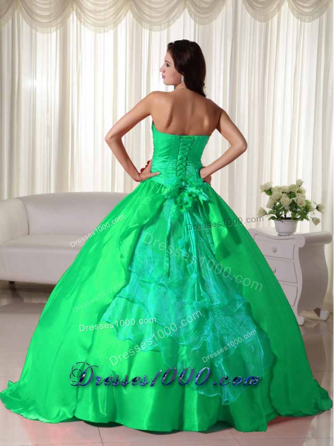 Brand New Puffy Strapless for 2014 Ruching Green Quinceanera Dress with Appliques