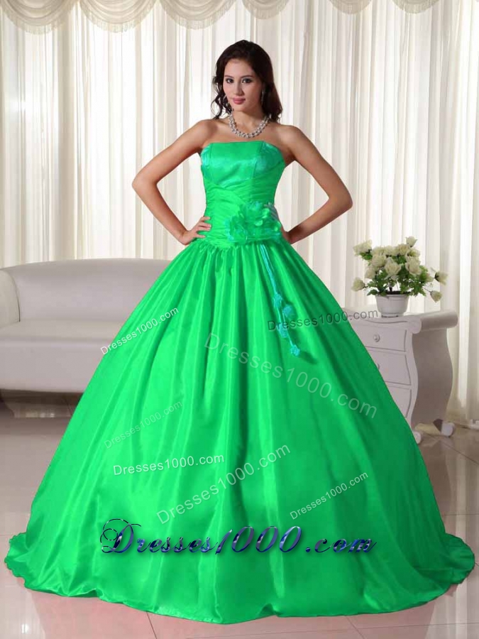 Brand New Puffy Strapless for 2014 Ruching Green Quinceanera Dress with Appliques