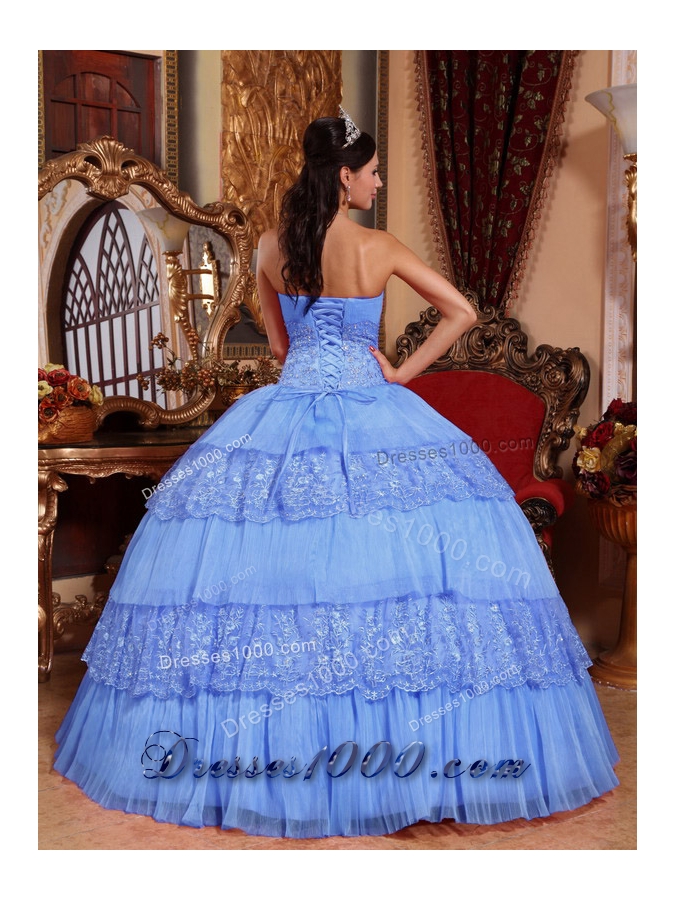 Cheap Puffy Strapless 2014 Lace Appliques Quinceanera Dresses with Ruffled Layers
