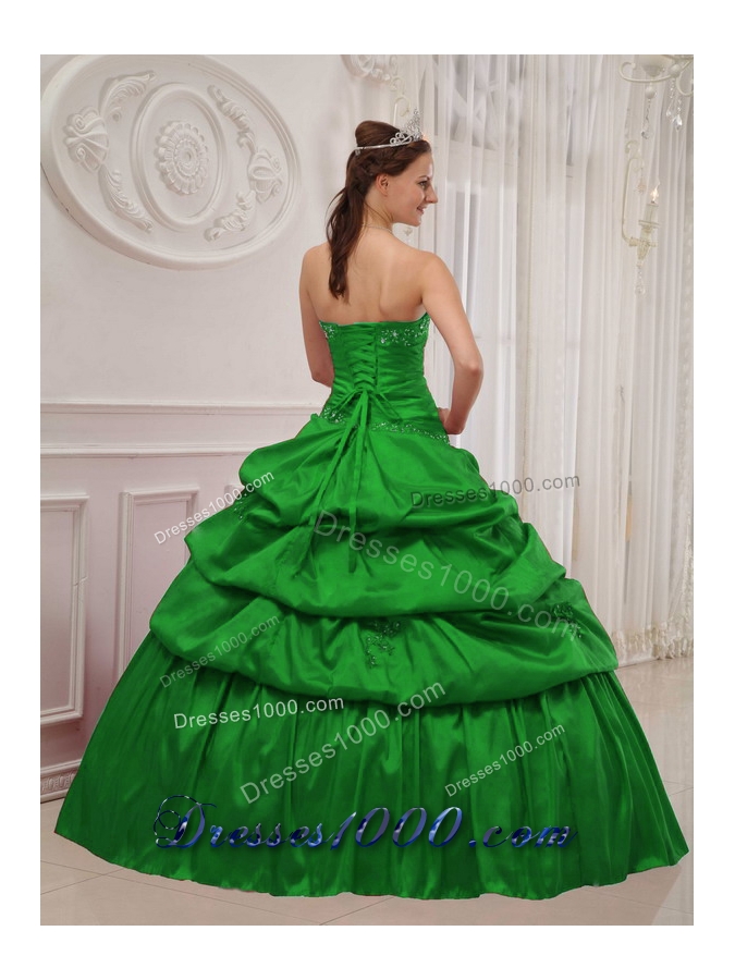 Cute Puffy Strapless for 2014 Green Quinceanera Dress with Pick-ups