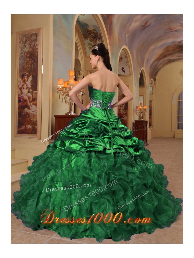 Dark Green Puffy Sweetheart with Pick-ups and Beading for 2014 Quinceanera Dress