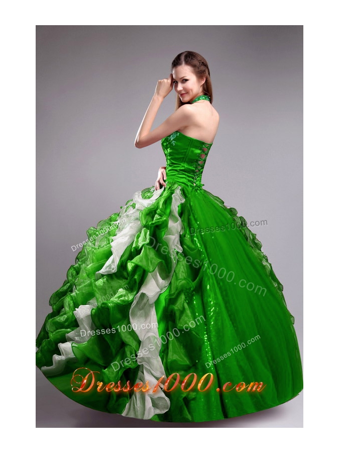 Elegant Green Puffy Halter for 2014 Quinceanera Dress with Applqiues and Ruffles