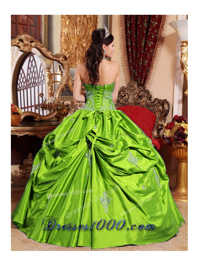 Elegant Puffy Strapless with Pick-ups and Appliques Decorate for 2014 Green Quinceanera Dress
