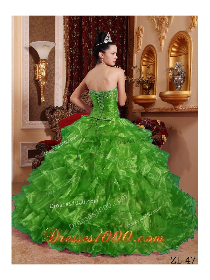 Exclusive Puffy Strapless with Ruffles and Beading for 2014 Green Quinceanera Dress