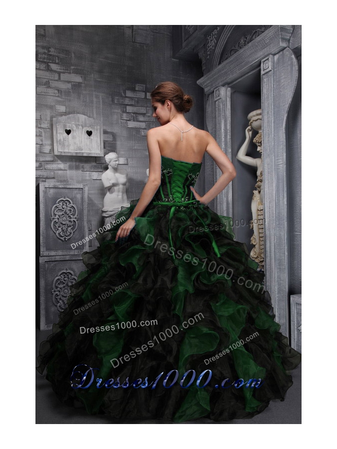 Exclusive Strapless for 2014 Appliques and Ruffles for Green and Black Quinceanera Dress