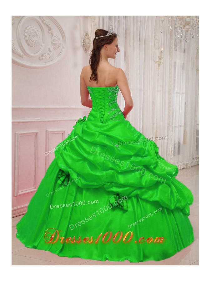 Gorgeous Puffy Sweetheart with Pick-ups and Appliques Decorate for 2014 Green Quinceanera Dress