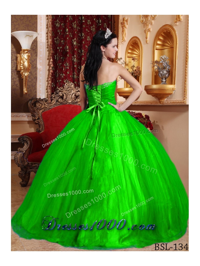 Green Puffy Sweetheart for 2014 Beading Quinceanera Dress with Bow