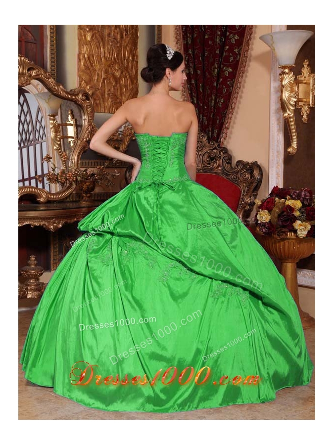 Inexpensive Spring Green Puffy Strapless Beading Decorate for 2014 Quinceanera Dress