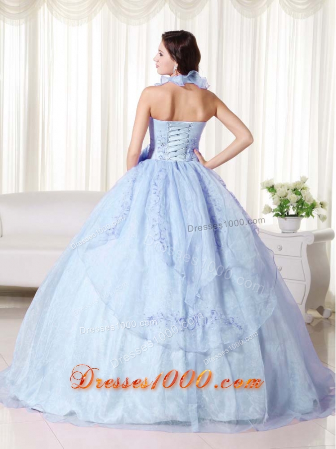 Light Blue Puffy Halter Embroidery and Beading 2014 Quinceanera Dresses