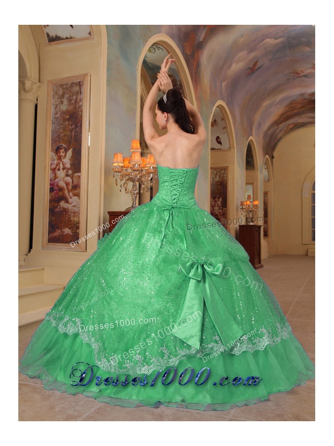 Lovely Puffy Strapless Bows Sequins for 2014 Green Quinceanera Dress
