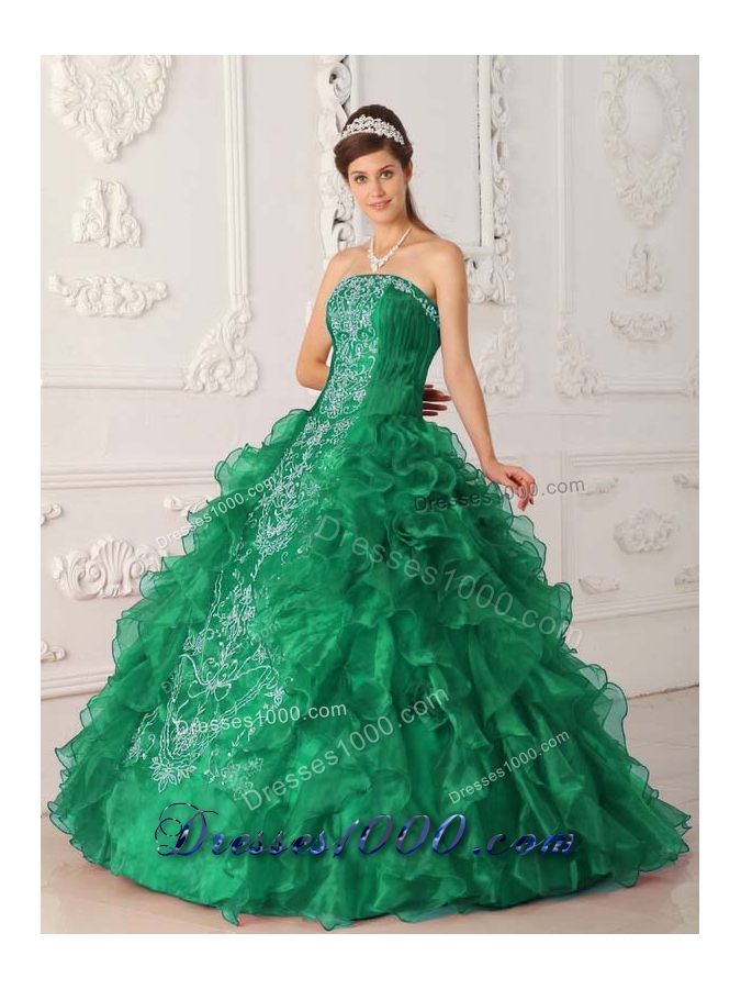 New Style Puffy Strapless Embroidery for 2014 Turquoise Quinceanera Dress