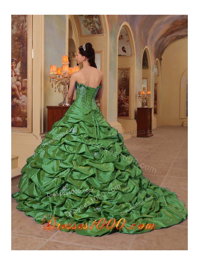 Petty Green Puffy Strapless Court Train Pick-ups Quinceanera Dress for 2014