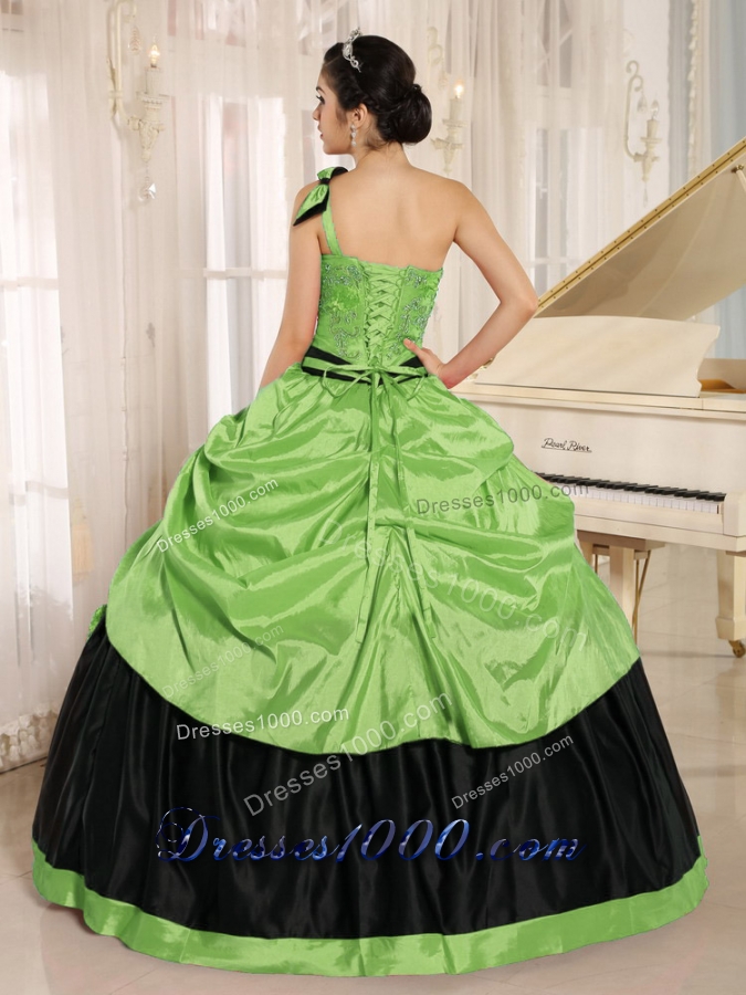 Pretty One Shoulder For 2014 Appliques for Green Quinceanera Dress with Bowknot