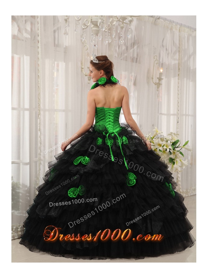 Puffy Halter for 2014 Hand Made Flowers Quinceanera Dress with Ruffled Layers