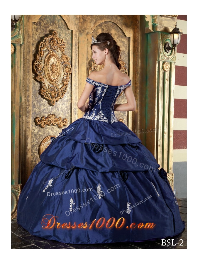 Puffy Off The Shoulder Appliques Quinceanera Dresses in Navy Blue