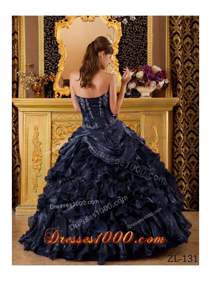 Puffy Princess Sweetheart Ruffles and Appliques Navy Blue Quinceanera Dresses