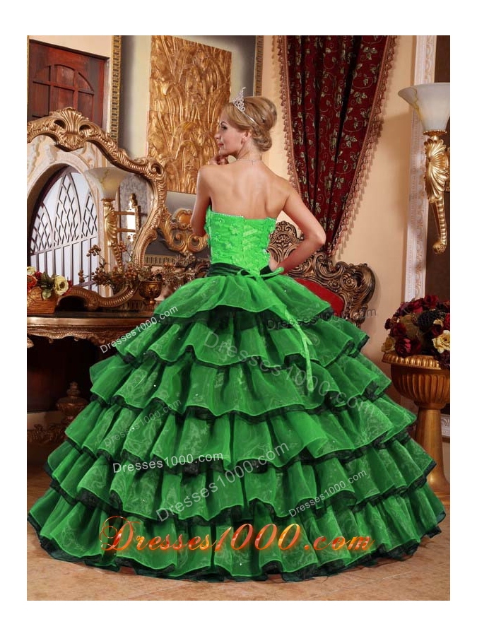 Puffy Strapless with Ruffled Layers and Appliques for 2014 Green and Black Quinceanera Dress