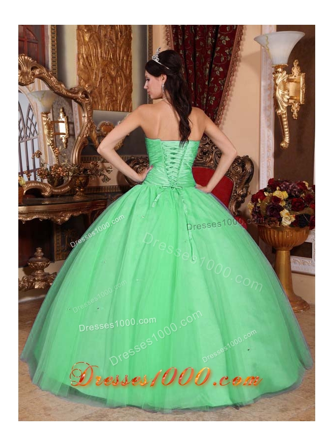 Puffy Sweetheart with Beading and Ruching for 2014 Green Quinceanera Dress