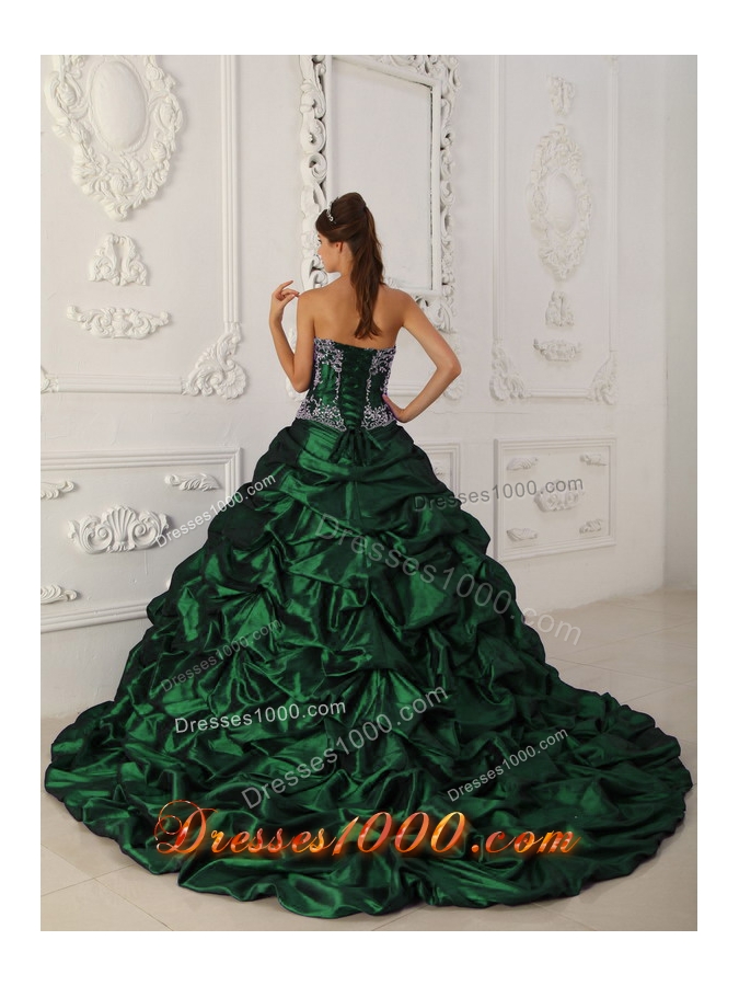 Romantic Dark Green Puffy Sweetheart with Layers and Appliques for 2014 Quinceanera Dress
