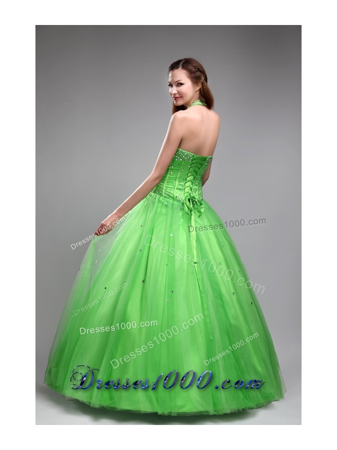 Romantic Green Puffy Halter for 2014 Quinceanera Dress with Beading