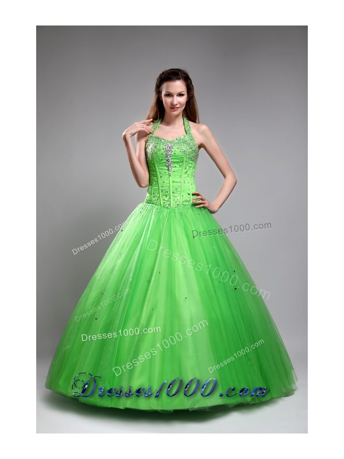Romantic Green Puffy Halter for 2014 Quinceanera Dress with Beading