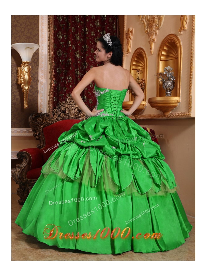 Romantic Puffy Strapless with Pick-ups and Appliques for 2014 Green Quinceanera Dress