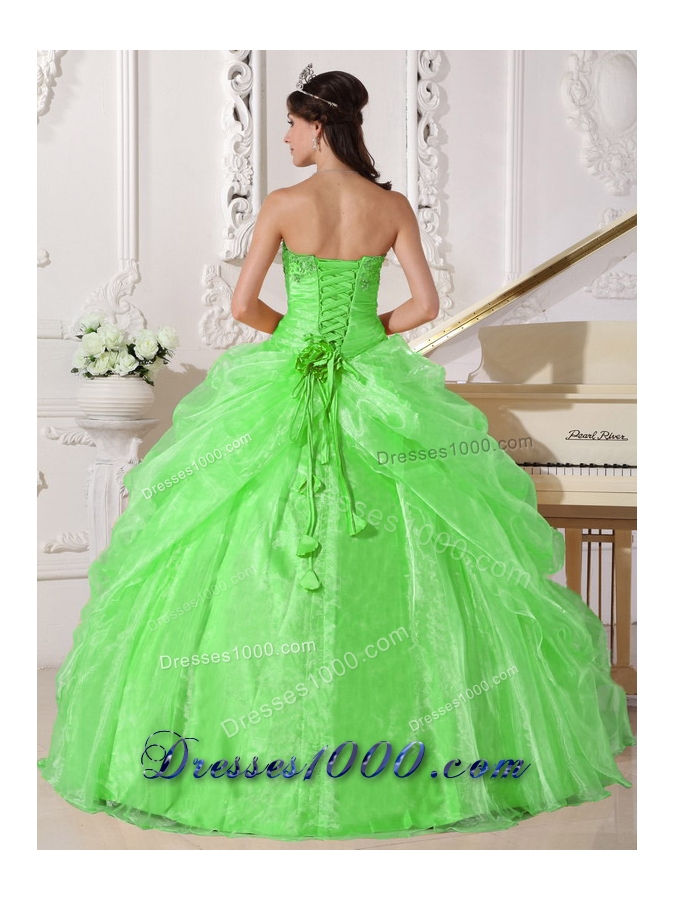 Spring Green Puffy Strapless with Lace Embroidery and Beading Quinceanera Dress for 2014