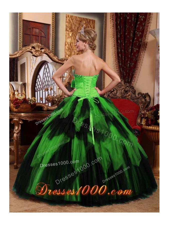The Brand New Style Wonderful Puffy Strapless for 2014 Green and Black Quinceanera Dress with Bow and Beading