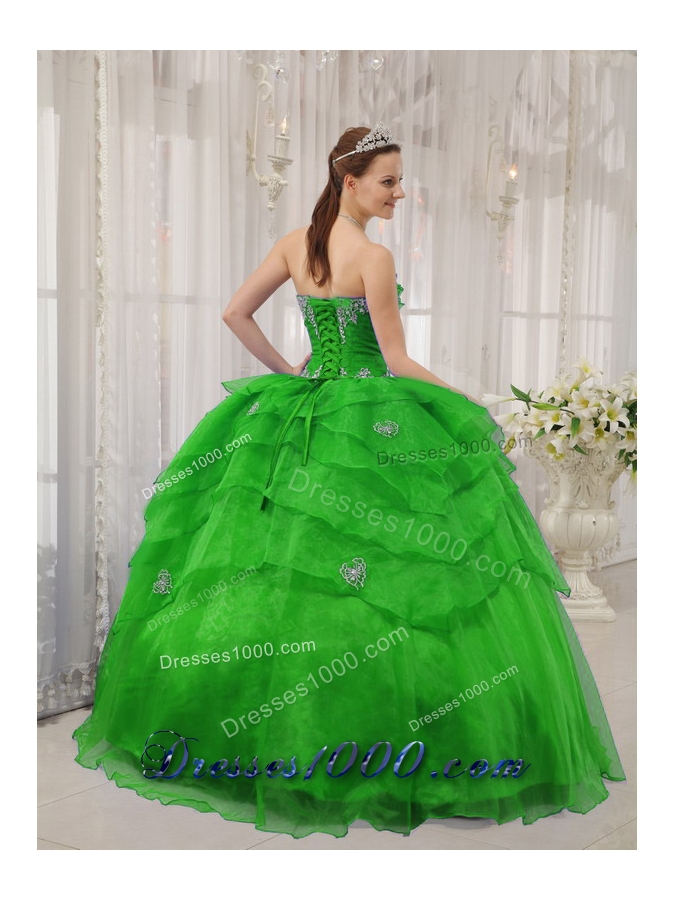 The Super Hot Puffy Strapless with Beading and Ruffles for 2014 Green Quinceanera Dress
