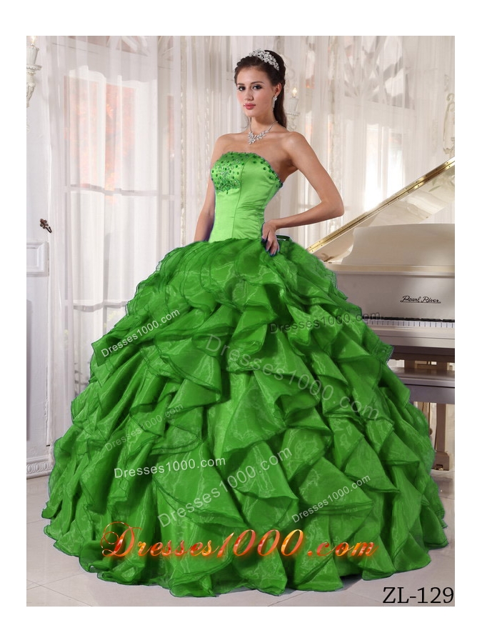 2014 Green Puffy Strapless with Ruffles and Beading Quinceanera Dress