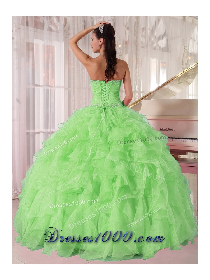 2014 New Spring Green Strapless Ruffles and Beading for Quinceanera Dresses
