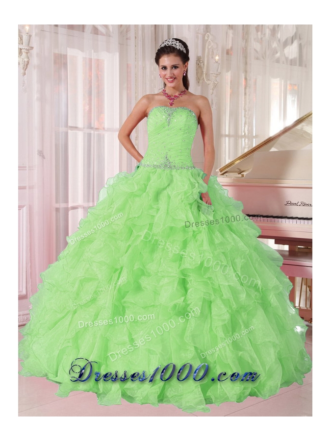 2014 New Spring Green Strapless Ruffles and Beading for Quinceanera Dresses