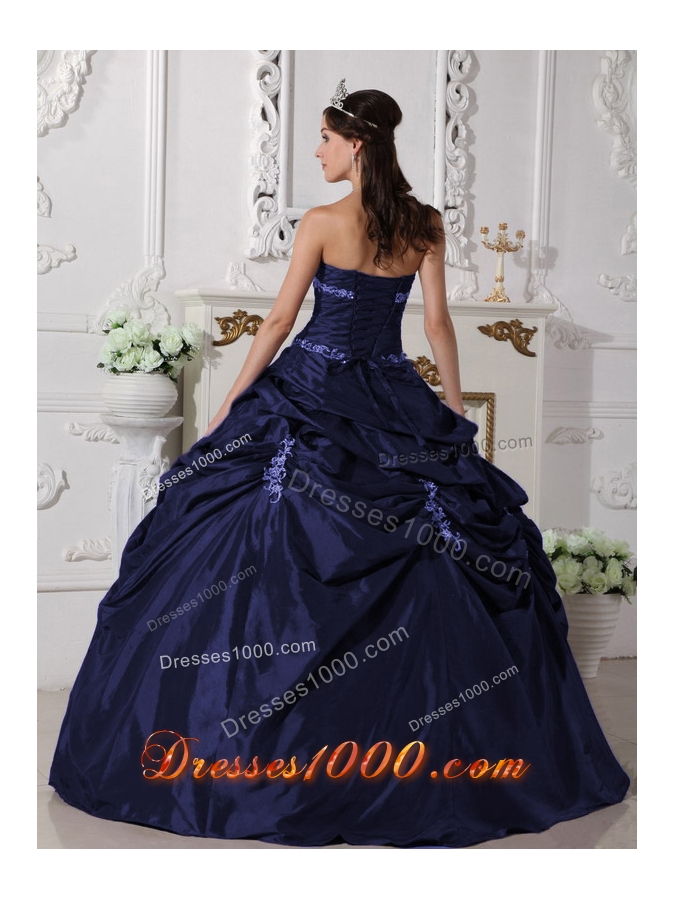 2014 Princess Navy Blue Strapless Long Appliques Quinceanera Dresses