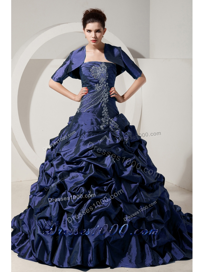2014 Spring Navy Blue Strapless Brush Quinceanera Gowns with Beading