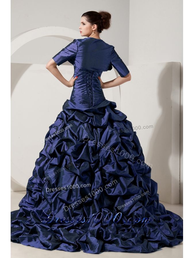 2014 Spring Navy Blue Strapless Brush Quinceanera Gowns with Beading