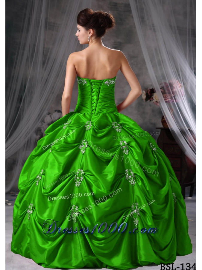 Affordable Puffy Strapless with Pick-ups and Appliques Quinceanera Dress for 2014