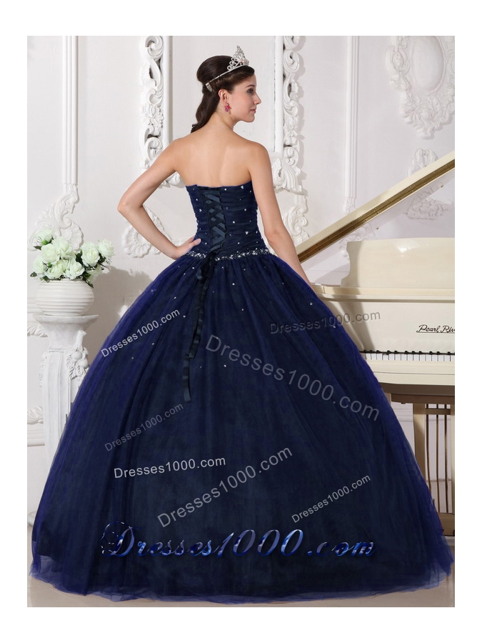 Affordable Puffy Sweetheart Navy Blue Long Quinceanera Dresses