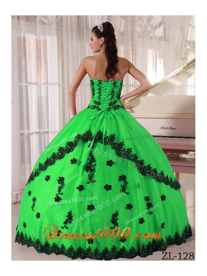 Fashionable Puffy Strapless with Appliques for Green Quinceanera Dress for 2014
