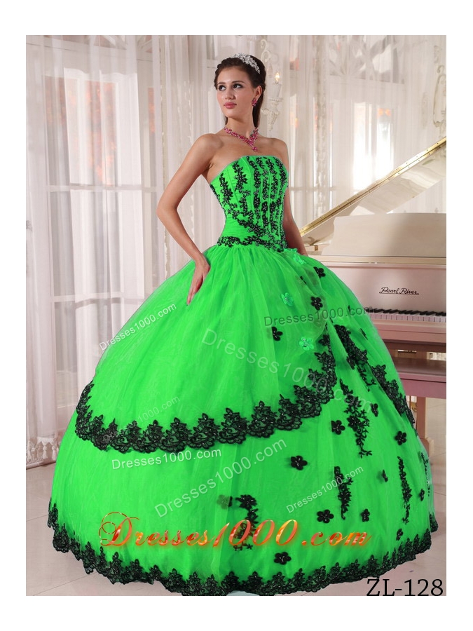 Fashionable Puffy Strapless with Appliques for Green Quinceanera Dress for 2014